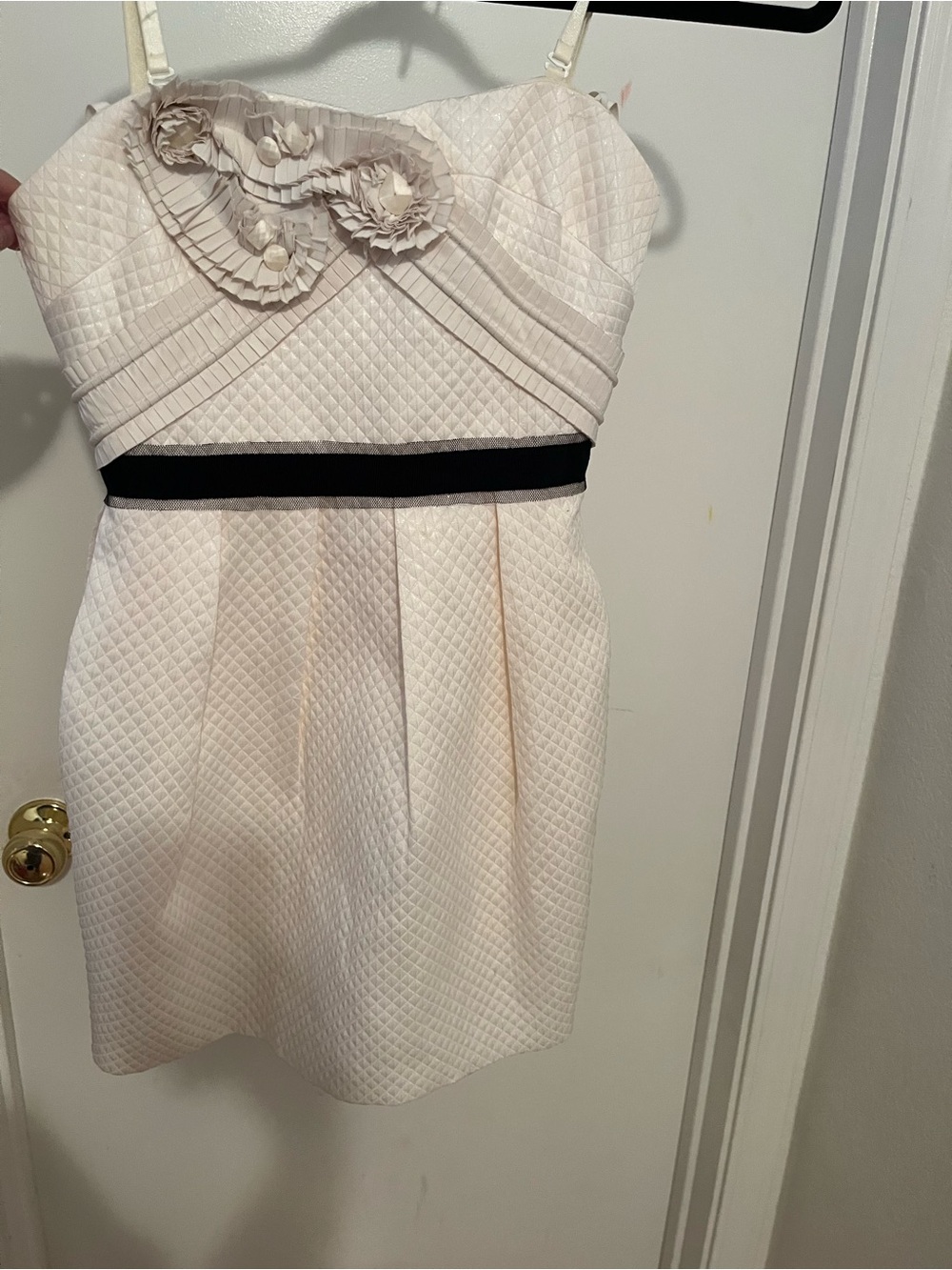 BCBGMaxAzria Ivory Quilted Dress with Black Waistband